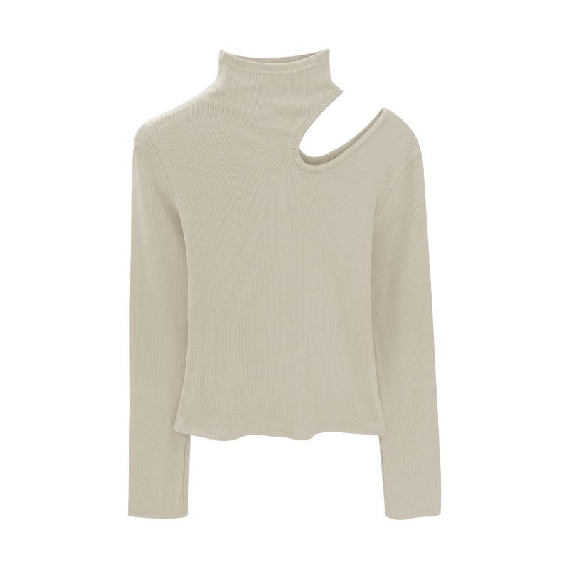 Koreanisches Schlank geschnittenes High-Neck-T-Shirt mit Aussparungen, weiß, langärmlig - Herbst/Winter 2025