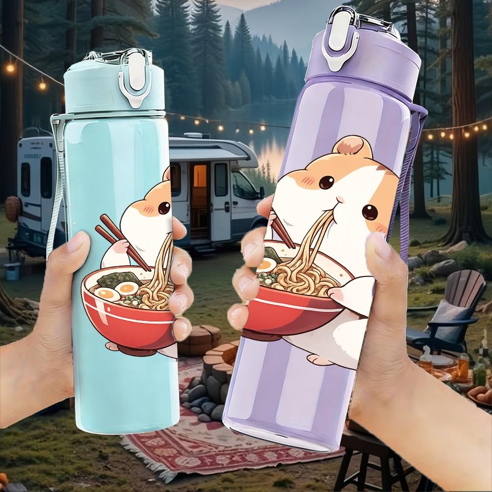 1PC Hamster Eating Noodle Cute Cartoon Print 750ml Color Plastic Sports Water Bottle Leakproof Flip Straw Lid Suitable for Sports Office Home Use