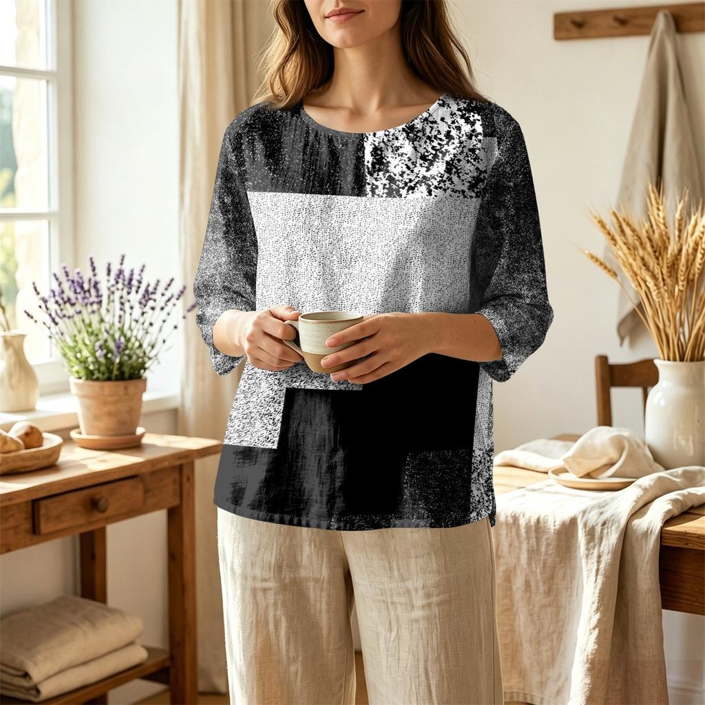 Blusa da Donna Casual Patchwork Stampata Girocollo Manica a Tre Quarti Lino Cotone Leggera Vestibilità Larga Top per l'Uso Quotidiano