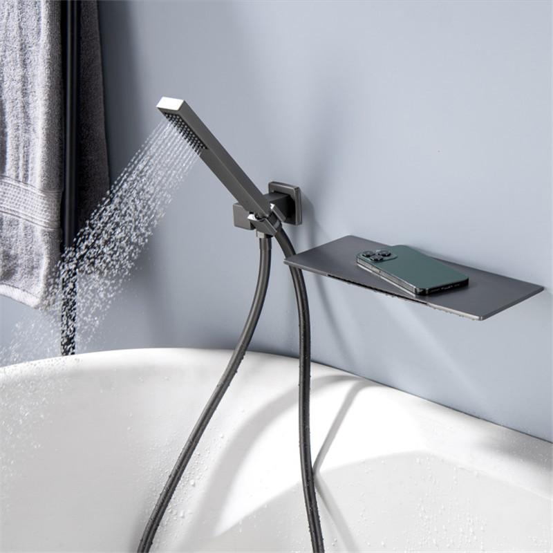 Tuqiu Gray Bathtub and Shower Faucet Set Brass Bathtub Waterfall Fauct Tap Mixer With Handheld Waterfall Bathtub Tap