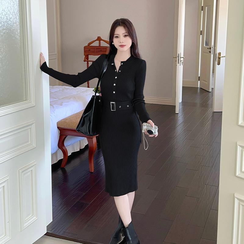 Autumn Winter Women Basic A-Line Sweater Dress O Neck Grey Black Blue Knitting Dress Knitted Bodycon Elegant Feminine Split Dress With Belt