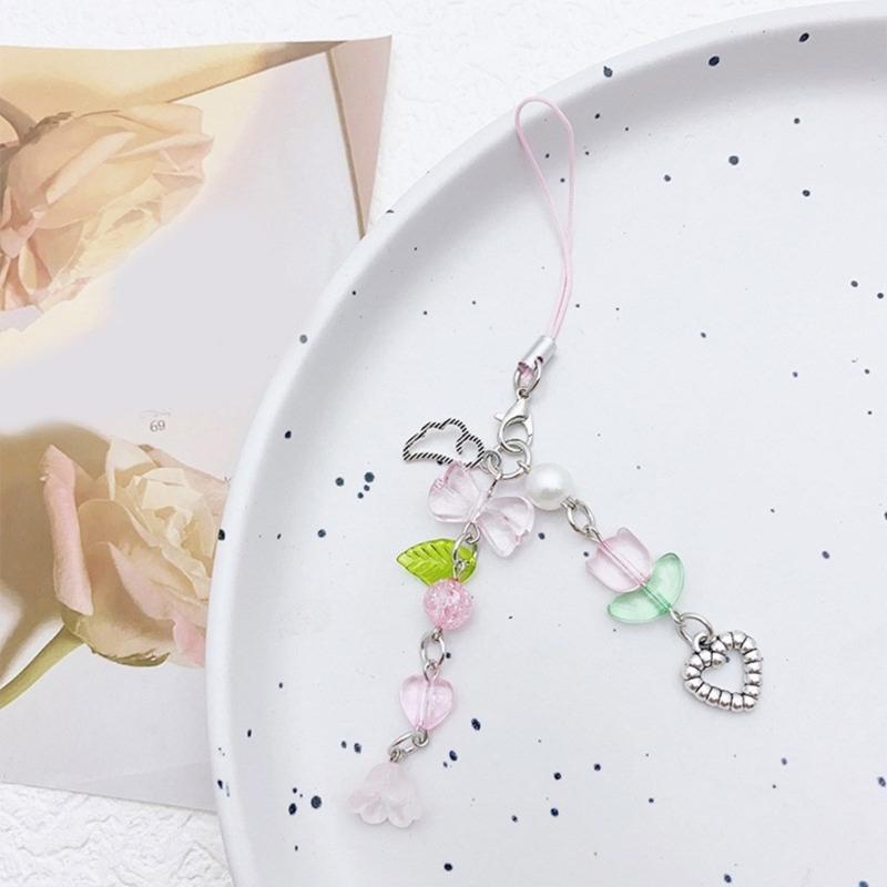 Sweet Bowknot Beaded Phone Charm Flower Chain Keychain Fashion Accessory Bag Pendant Keyring for Phones and Backpacks