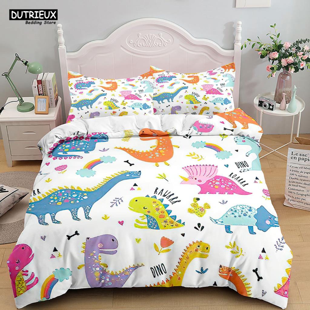 Cartoon Dinosaur Bedding Set White Soft Duvet Cover Animals Kids Boys Single Double Twin Queen King Size Duvet Cover Set