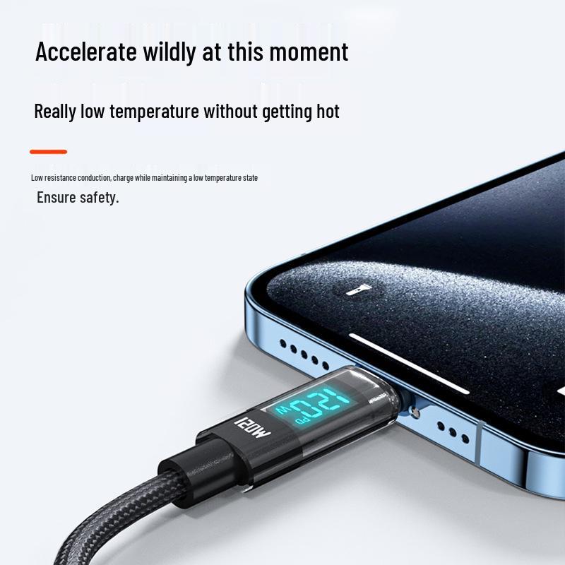 120W Type-C Fast Charging Cable with Digital Display - Compatible with Apple 15/17, Huawei, Xiaomi, 6A Super Speed Charging.