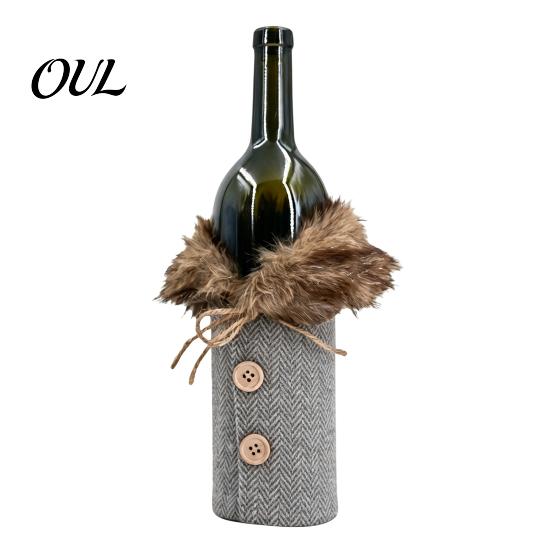 Holiday Party Table Decorations Christmas Sweater Wine Bottle Cover, Faux Fur Collar And Button Festive Cover for Home Coat Design Plaid Clothes