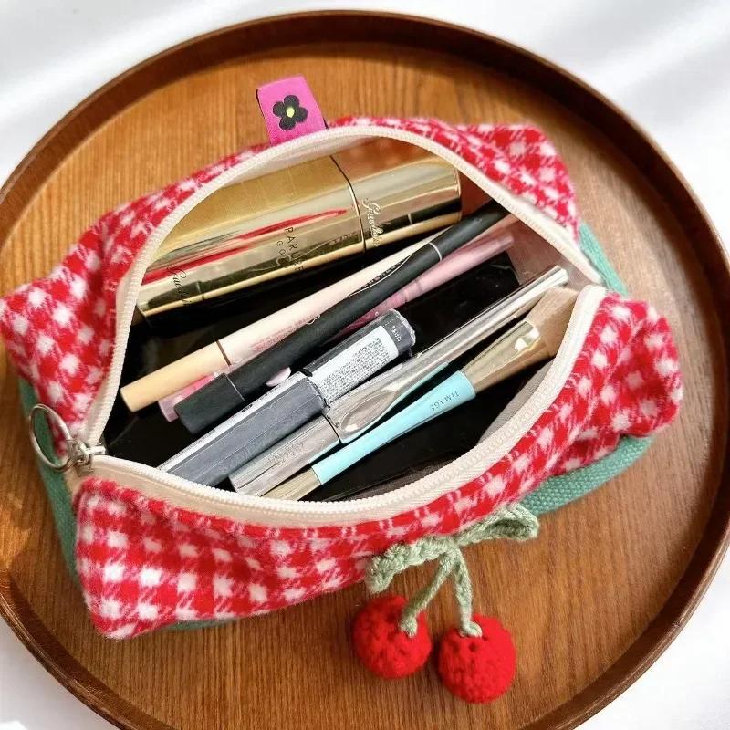 1PCS Cute Red Color Cherry Plaid Cosmetic Storage Bag Large Capacity Kawaii Makeup Case Creative Design Fruit Pencil Case