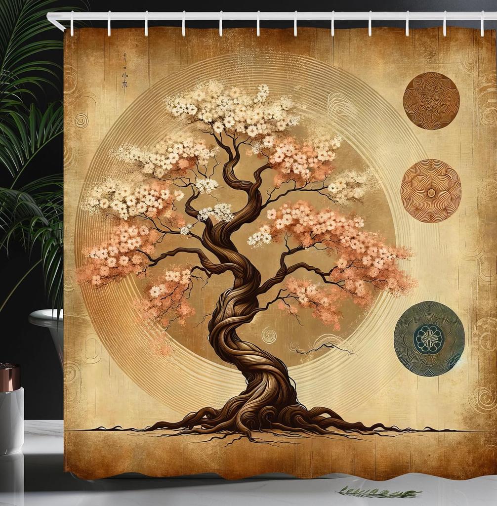 Aesthetic Boho Shower Curtain, Bold Exotic Leaves In Warm Tones, Rustic Burnt Orange Teal Blue, Fabric Set With Hooks