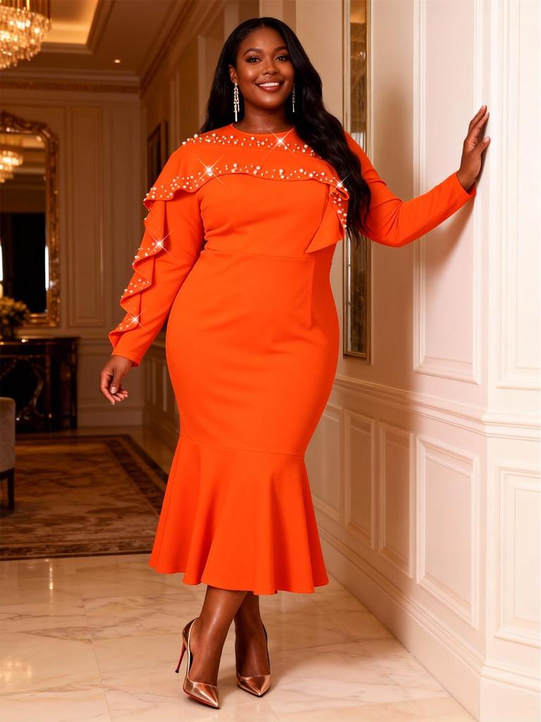 Elegant Plus Size Ruffled Mermaid Gown with Beaded Long Sleeves