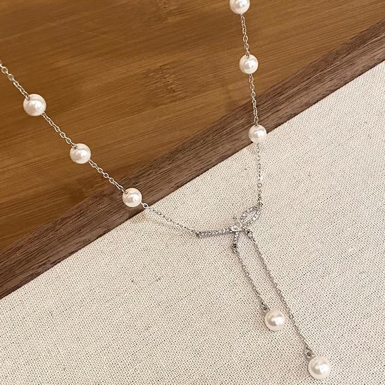 Bow Pearl Fringed Clavicle Chain Temperament Versatile Beaded Sweater Chain Accessories Neck Chain Accessories