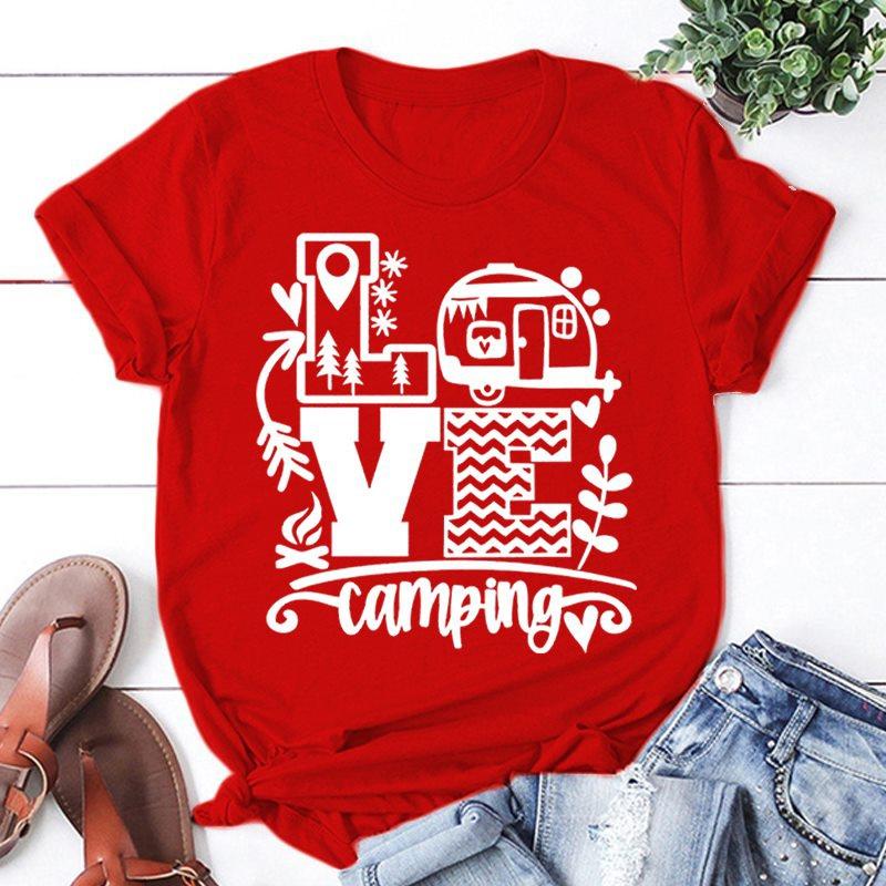 

New Fashion Women T-Shirt Love Camping Print Short Sleeve Camper Casual Tee Round Neck Tops M