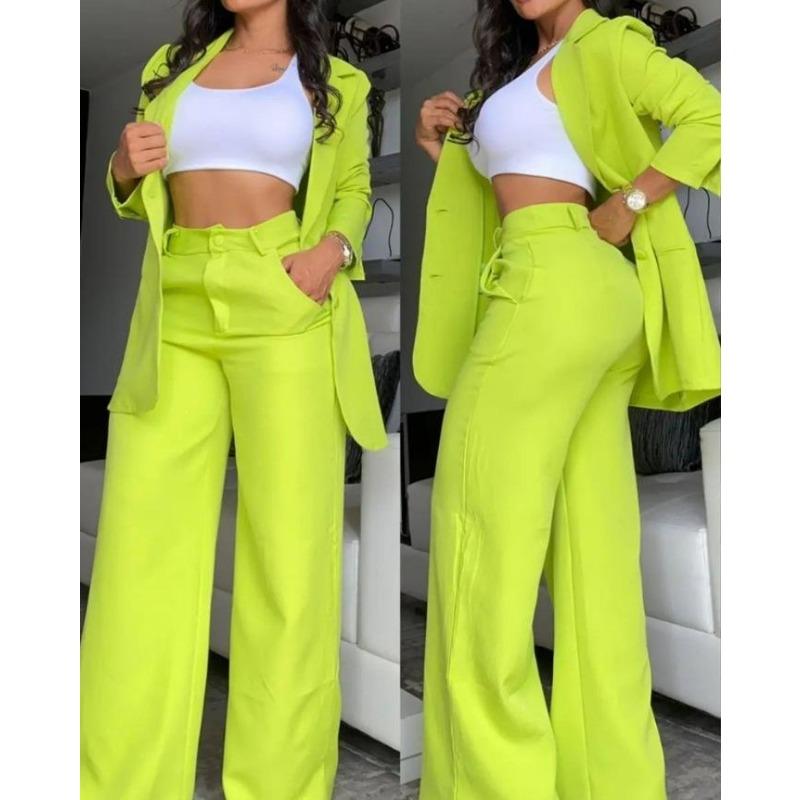 Women's Two Piece Blazer Set Lapel Jacket Wide Leg Pants Elegant Office Suit Outfit