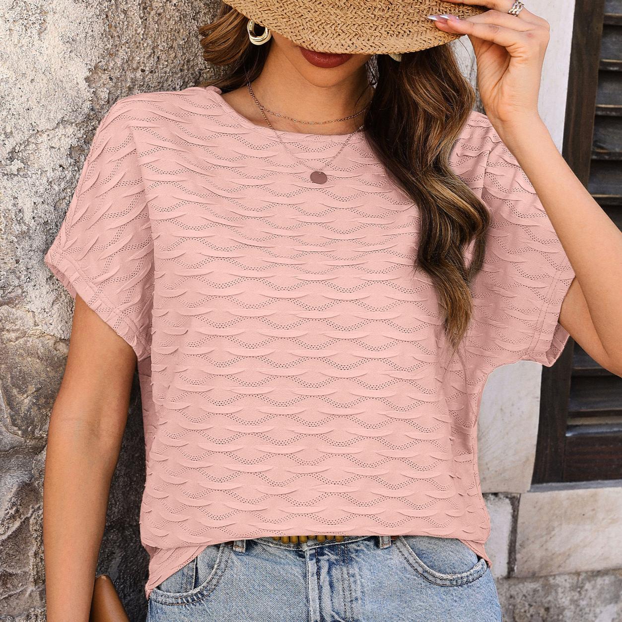 

Summer Fashion Comfortable Casual Women s Solid Color Bat Sleeve Round Neck Top 2XL рожевий