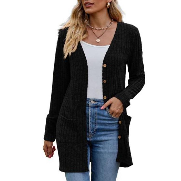 

Winter Warm Ladies Coat Anti Pilling Knitted Jacket Mid Length Single Breasted Long Sleeve Solid Color with Soft Elastic Pockets S чёрный
