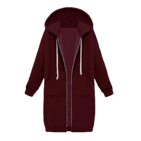 Plus Size Solid Color Casual Thicken Hooded Women Zip Up Long Sweater Coat