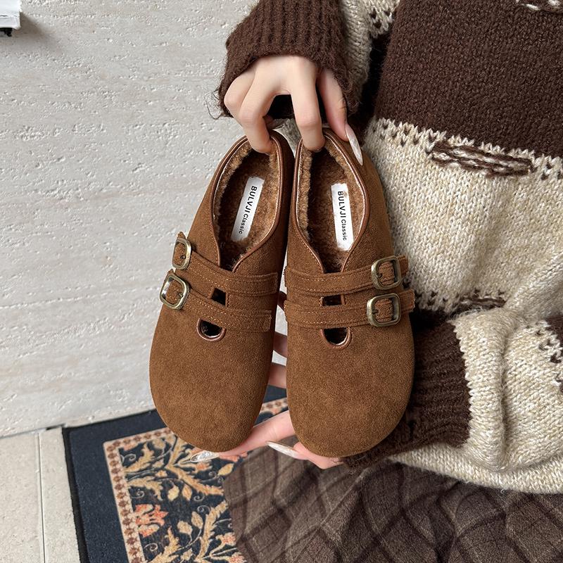 Warm Cotton Women Ballet Flats Comfort Soft Sole Short Plush Mary Jane Shoes Outdoor Grandma's shoes For Autumn Winter
