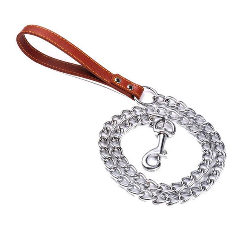 Chain Leash for Large Dogs Metal Chain Leash Chew Proof Heavy Duty Stainless Steel Dog Leash Chain with Leather Padded Handle