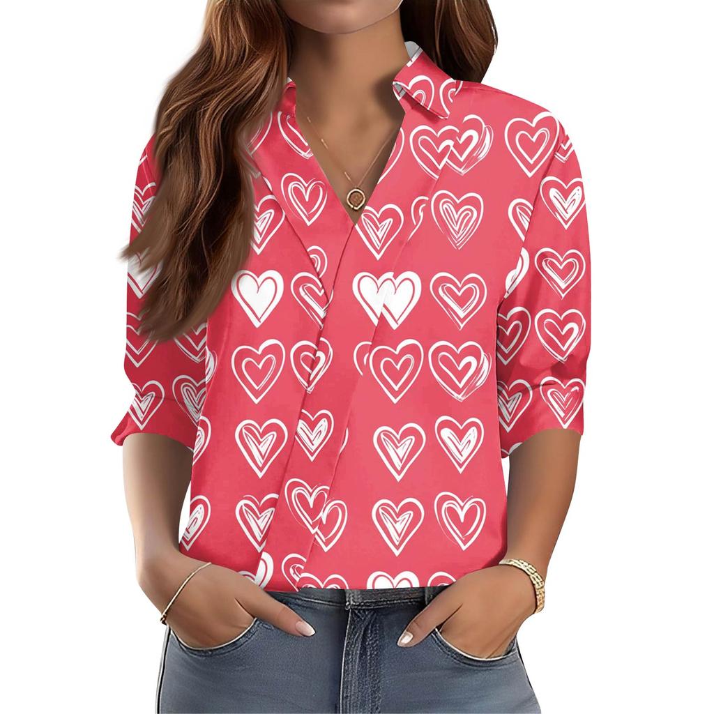 Women's 3/4-Sleeve V-Neck Shirt Printed Workwear Casual Regular Shirt Collar Top