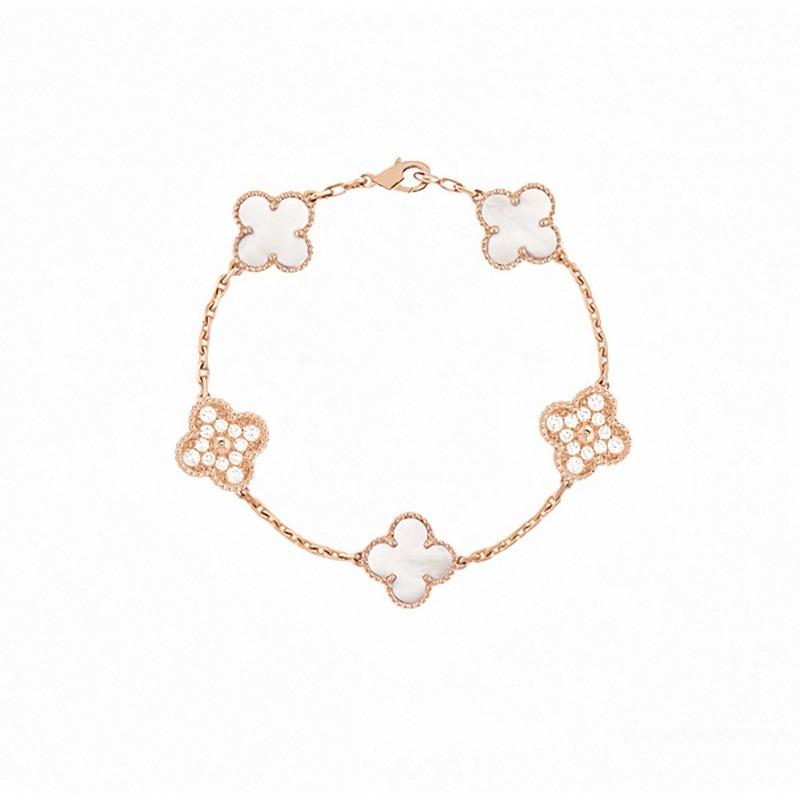 Four-leaf Clover Five-flower Bracelet for Women Rose Gold Lucky Clover Bracelet with White Mother-of-pearl and Red Agate Fashionable Bangle