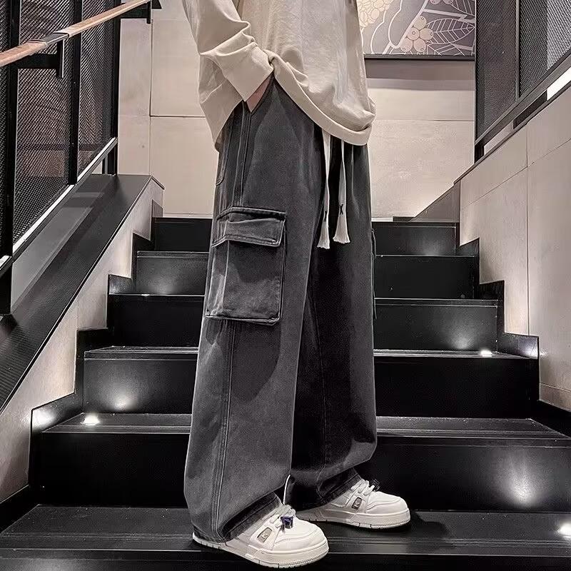 Camouflage large pocket overalls men's spring and autumn wide-leg straight men's denim casual long pants