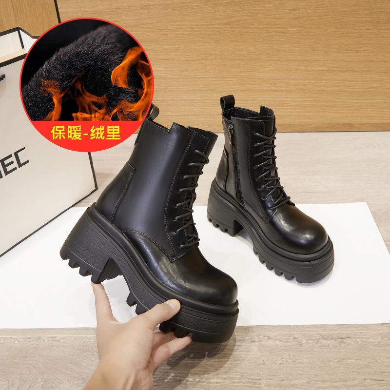 2025 new platform Martin boots women's British lace-up round head thick heel height increase thin Internet celebrity short locomotive boots
