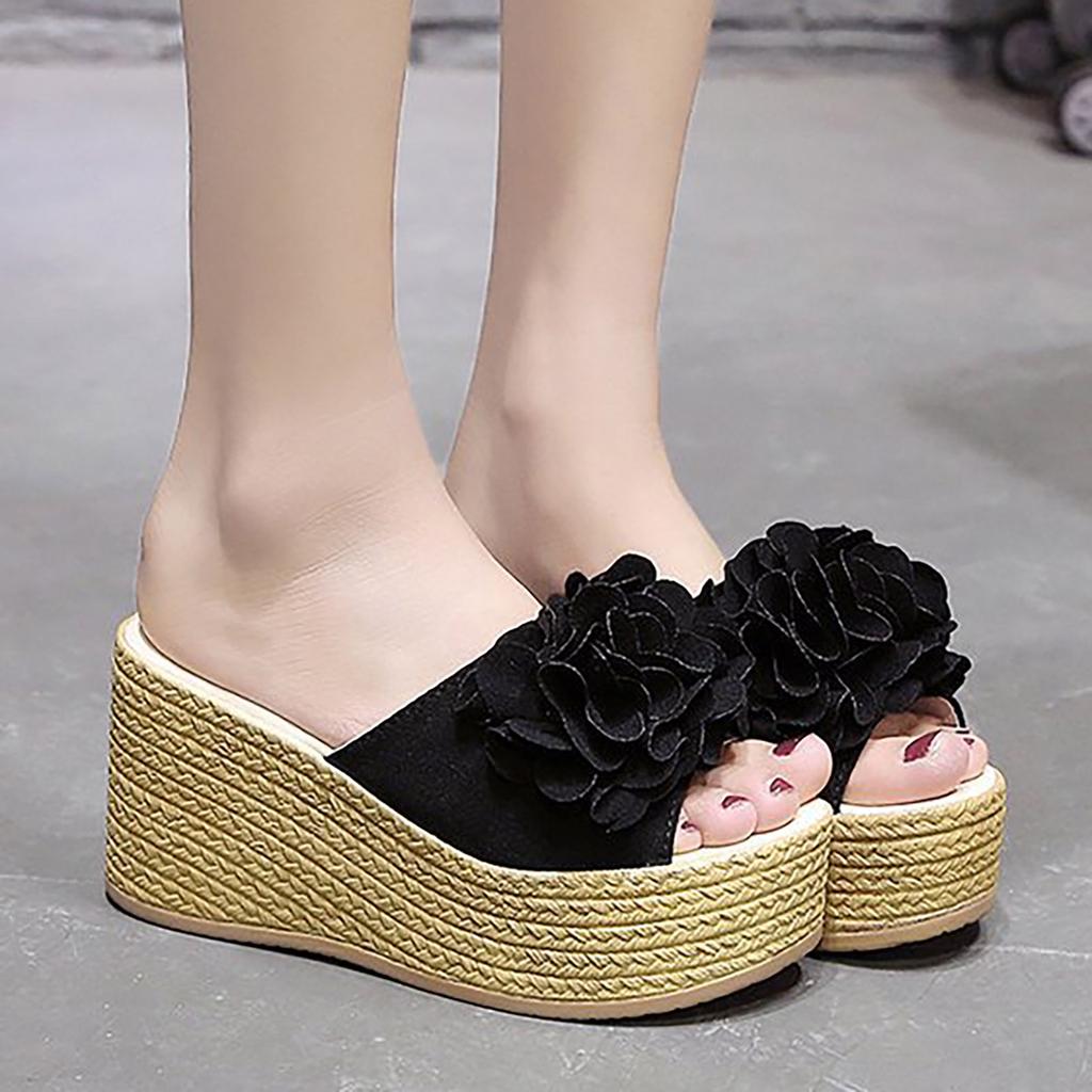 Women''S High Heeled Thick Bottom Fashion Casual Large Flower Flip Flops Slippers For Women Fuzzy Extra Wide Slippers For Women