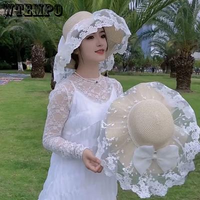 Sombreros de Sol Elegantes de Encaje Patchwork para Mujer Verano Ala Ancha Casual al Aire Libre Transpirables Playa Protección Solar Sombreros con Lazo