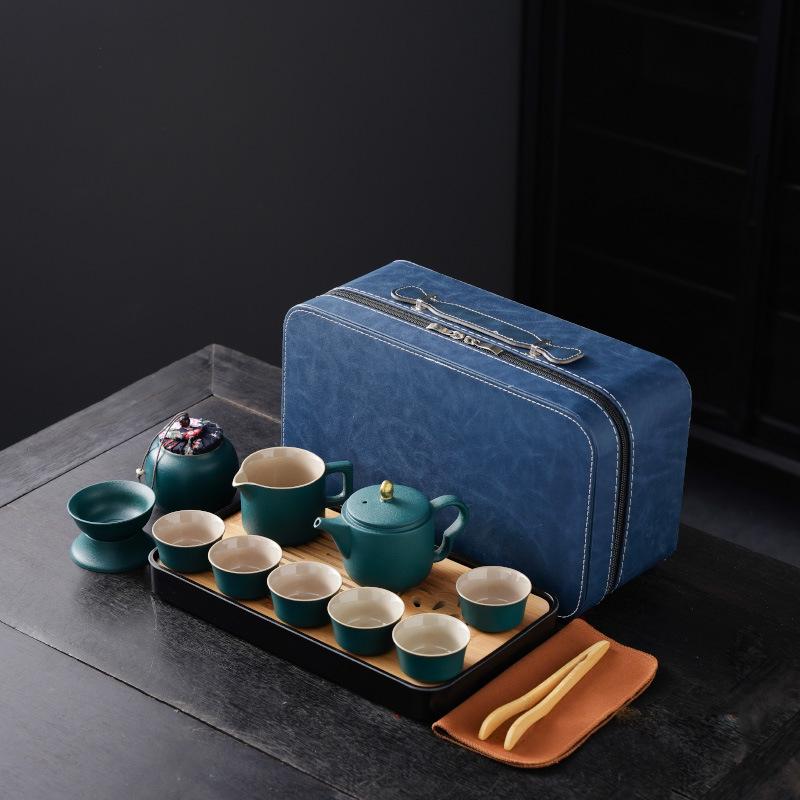 High-End Portable Ceramic Tea Set with Teapot, Teacups, and Tray for Household or Outdoor Use