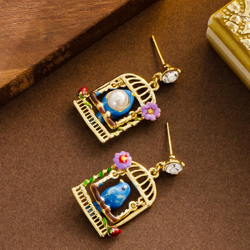 French retro personality medieval oil painting wind dripping oil cage bird earrings earrings femininity elegant high-end earrings