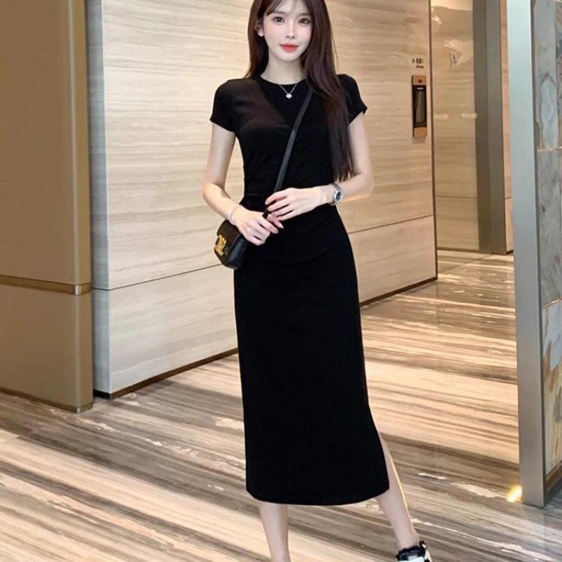 Summer 2026 Black Slim Fit Women's Long Slit Dress with Short Sleeves and Cinched Waist