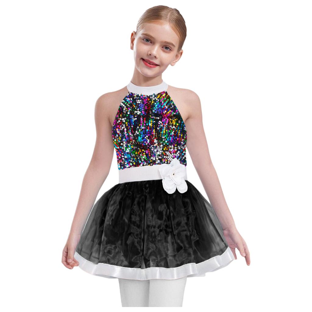 Rochie Tutu pentru Fete Corset cu Paiete Fustă Tulle Stratificat Fără Mâneci Spate Decupat Pantaloni Scurți Incorporați Costum Balet