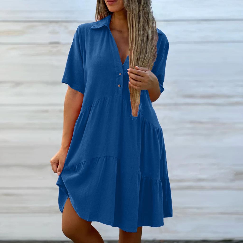 Vestido Camisa Mini de Manga Corta con Botones, Corte Holgado, Cuello y Dobladillo Escalonado, Casual y Fluido para Verano