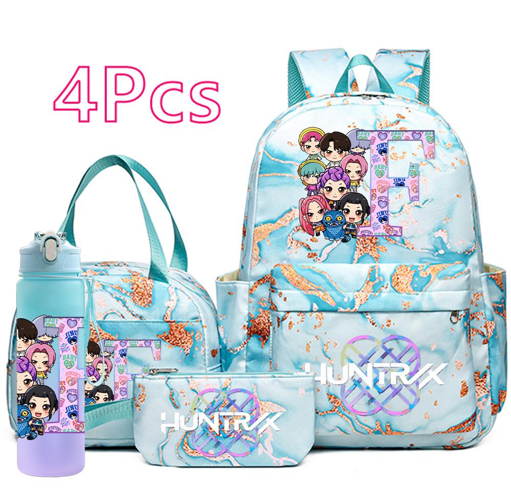 4Pcs/set Cartoon K-Pop Printed Large Capacity Backpack Handbag Pencil Case with 750Ml Water Bottler for Teenager Boy Girl Schoolbag Bookbag Mochila