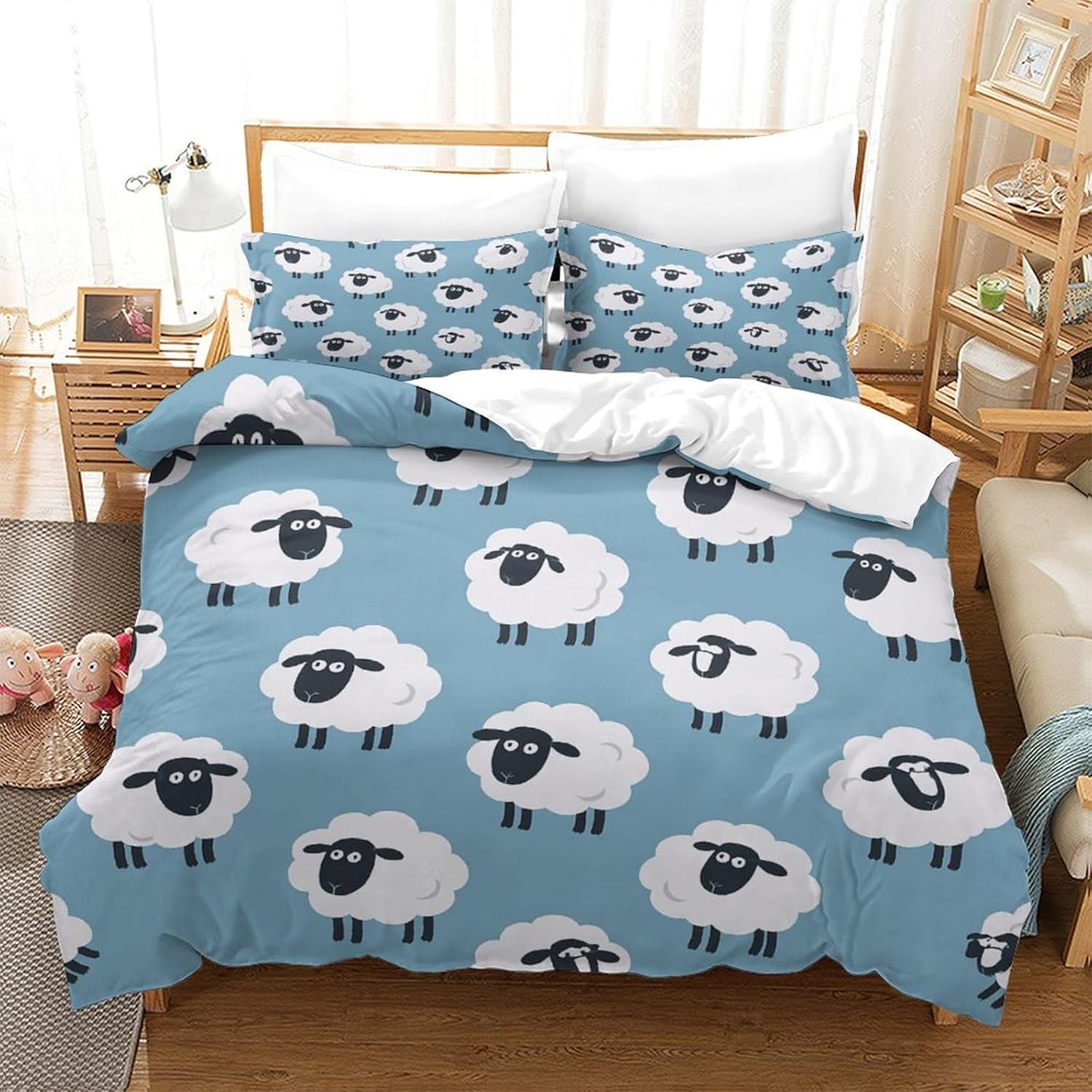 3D Print Soft Microfibre Cute Sheep Family Comforter Cover All Season Bedding Set with Pillowcases, Cartoon Duvet Cover Sets 135x200cm