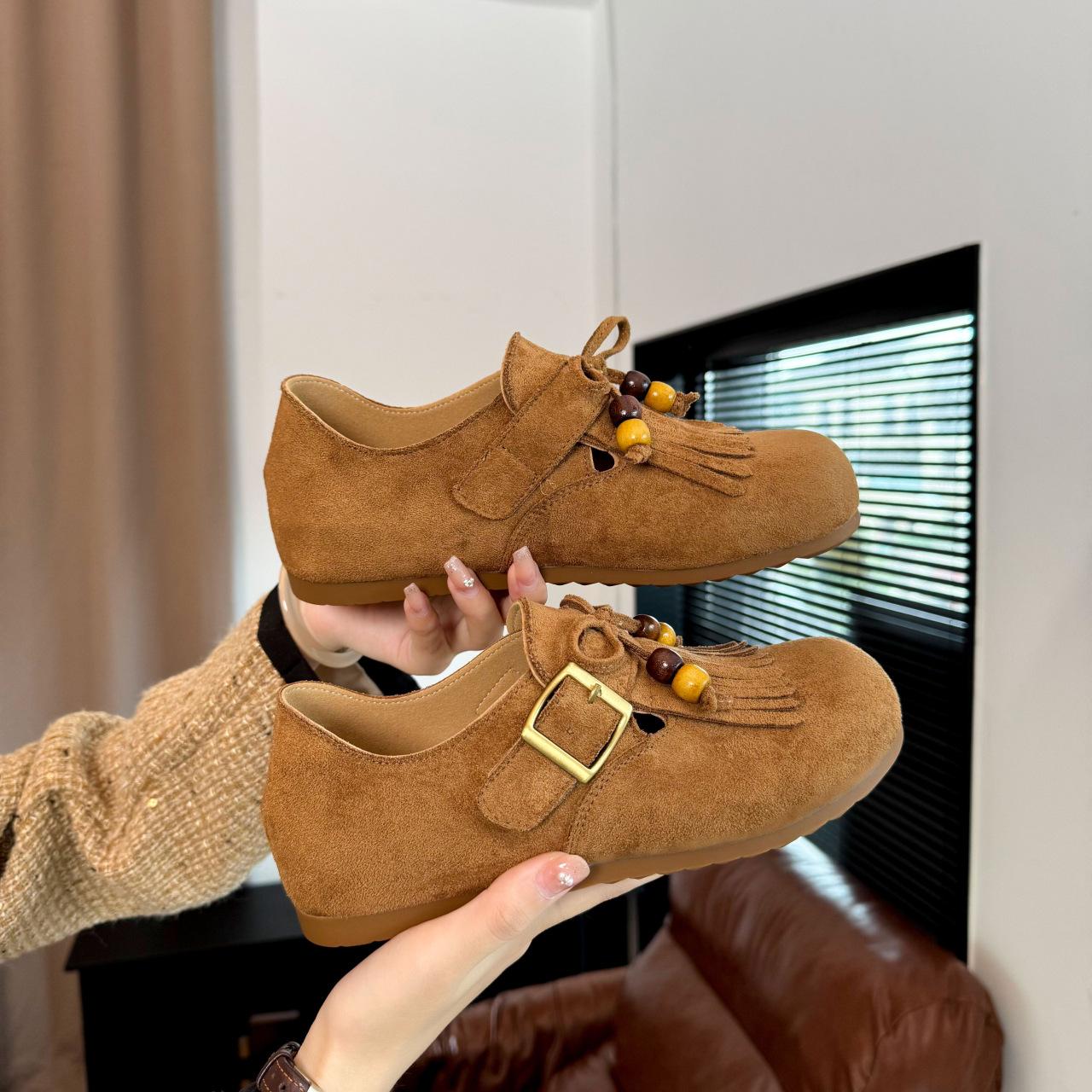 

Женские осенние новые туфли-лодочки с кисточками из коровьей кожи, полностью закрытые, уродливо-милые туфли Boken, туфли Doudou 36