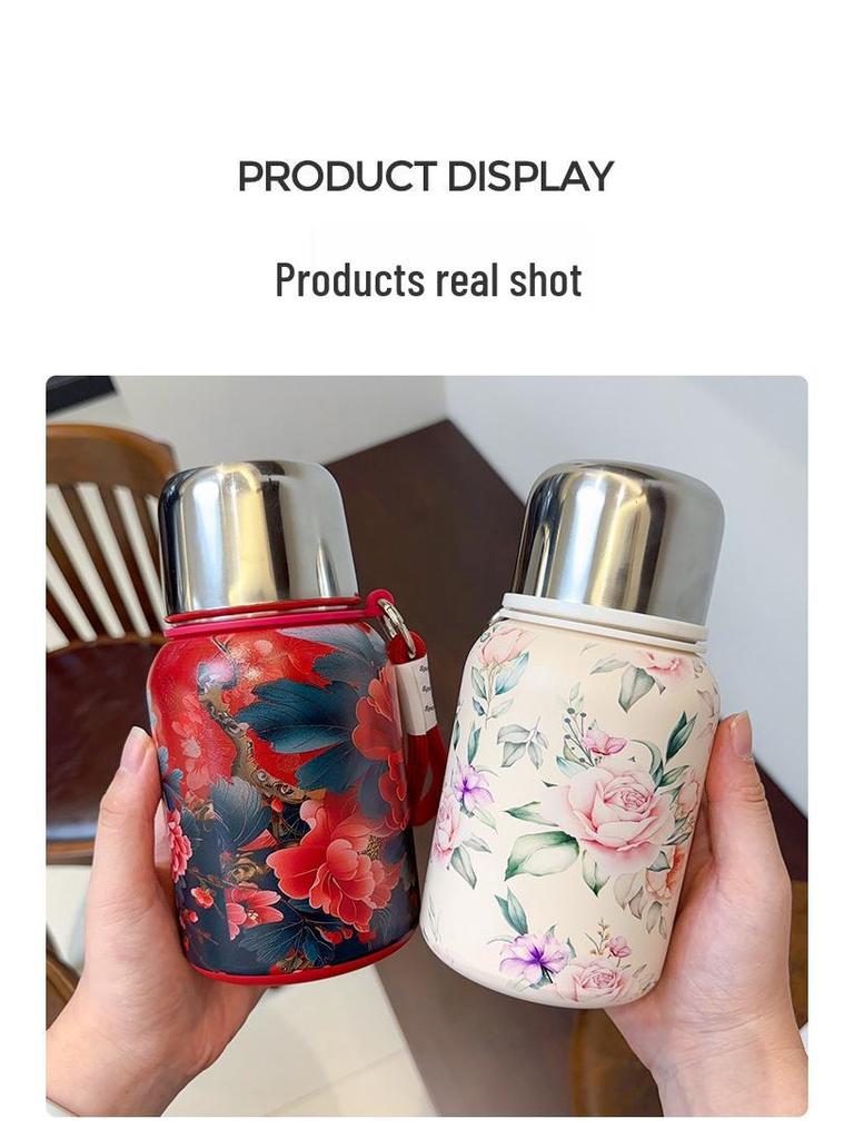 Elegant Chinese Retro Floral Insulated Stainless Steel Water Flask for Women