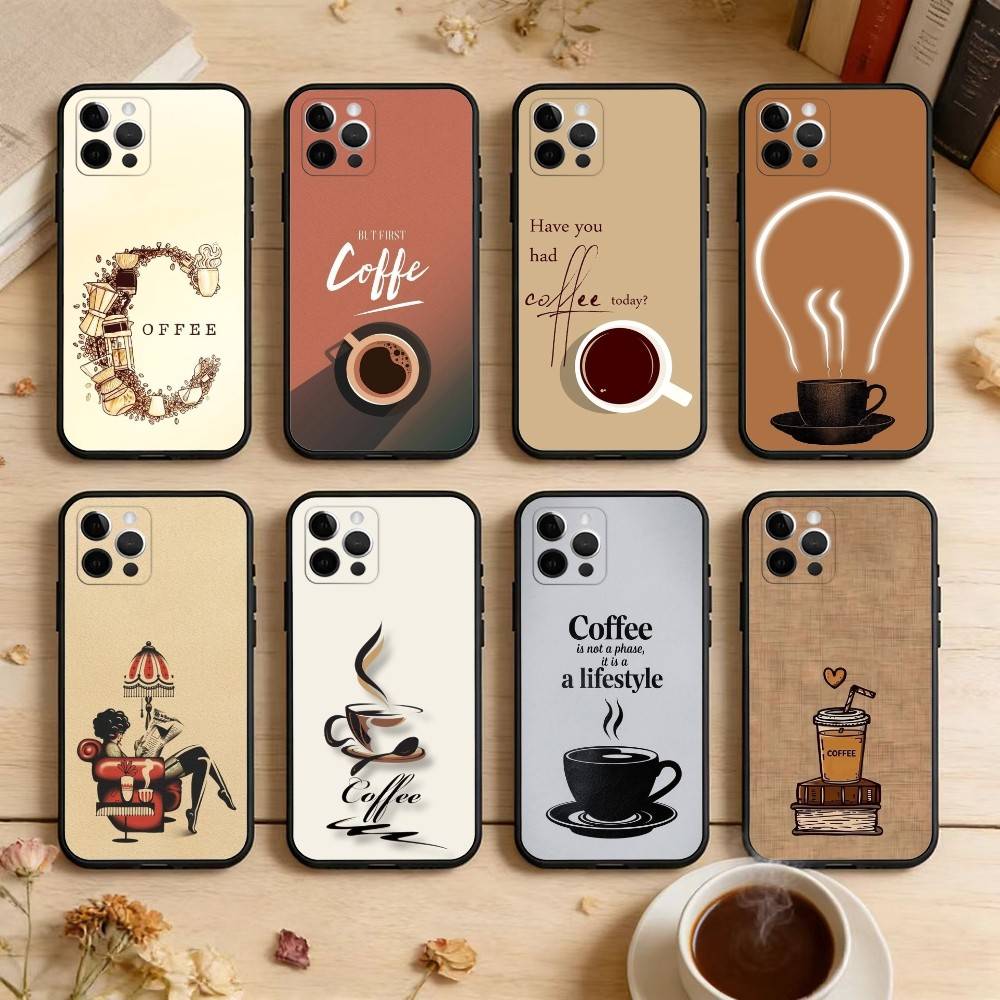 C-Coffee T-Time Phone Case For iPhone 17,16,15,14,13,12,11 Plus,Pro Max,Soft Silicone Black Cover