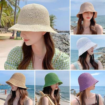 UV Protection Straw Bucket Hat Foldable Sun Hat Women Shade Hat