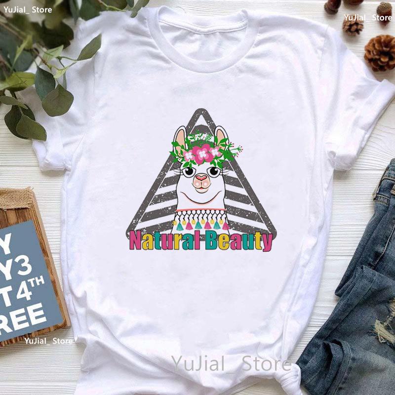 Kawaii Alpaca With Flowers And Coffee Print T Shirt Girls Summer Short Sleeve Tshirt Femme Fashion Tops Tee Shirt Female