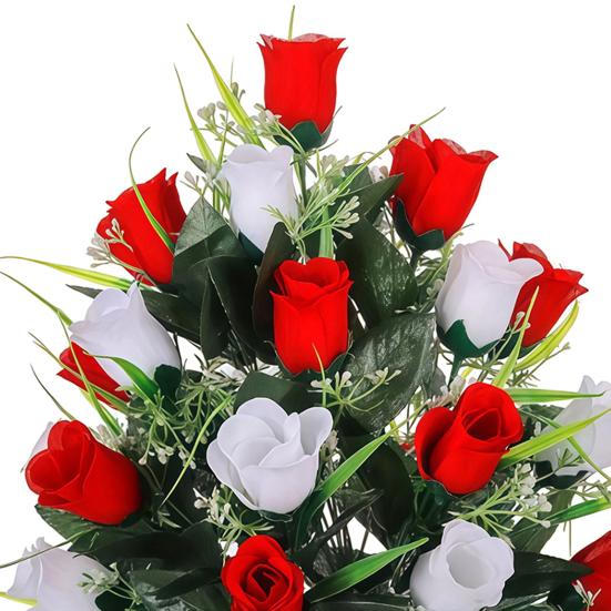 2 Pcs Artificial Cemetery Flowers Outside Fake Red White Rose with Long Nail Vase Memorial Flower Bouquet for Cemetery Headstone Graveyard Decor