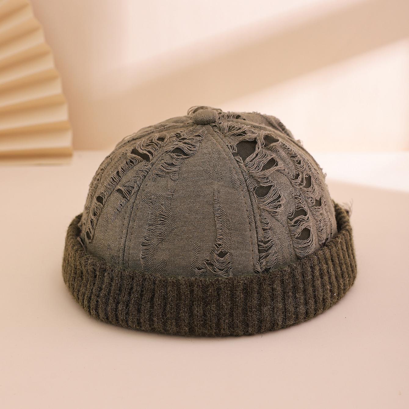 

Fashionable patchwork, perforated knitted edge landlord hat, retro and aged, casual, cool and artistic style melon rind hat One Size