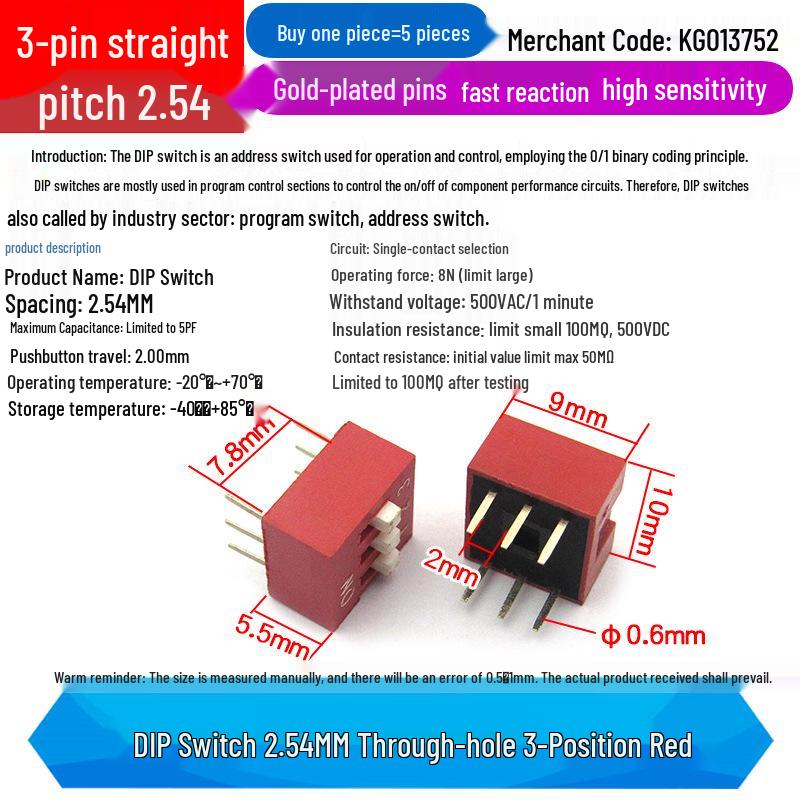 SMD DIP Switch, Flat Toggle, 2P 4-10 Positions, 2.54mm, Red/Blue/Black