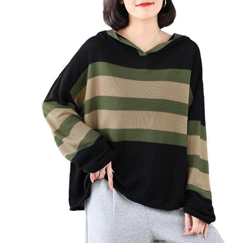 Hooded Striped Knitted Sweater Women's Literary Temperament Casual Loose and Thin Long-sleeved Sweater Women