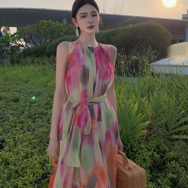 High-End Ombre Halter Sleeveless Long Dress - Elegant Beach Vacation Style