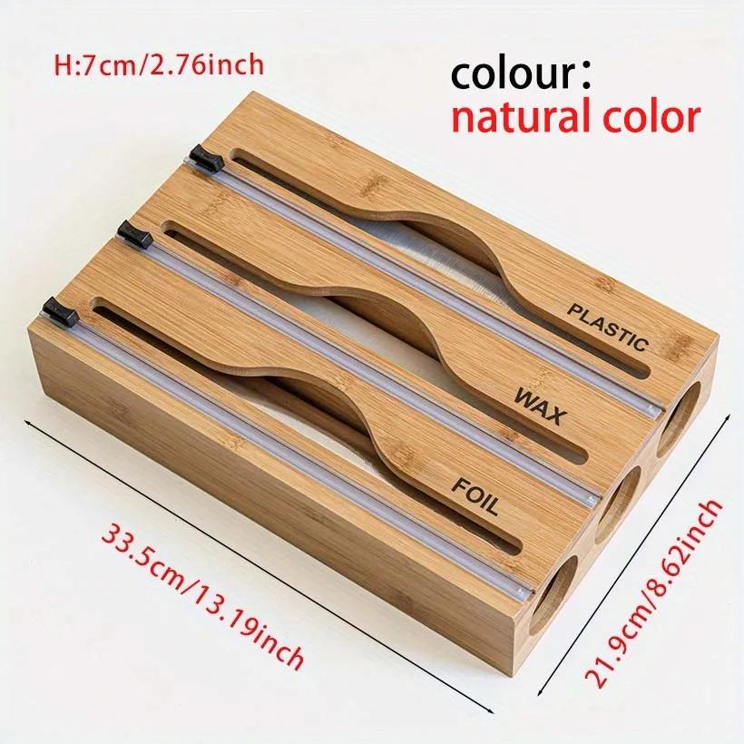 

3 in 1 Bamboo Wrap Organizer with Cutter Labels Plastic Wrap Foil Wax Paper Dispenser for Kitchen Cabinet Storage Organization