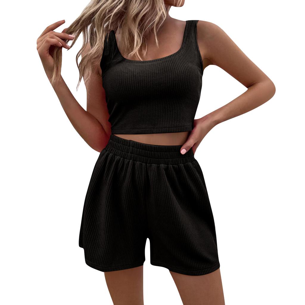 Women's Knit 2 Pack Sleeveless Cropped Tank Top Shorts Set Casual Summer Streetwear