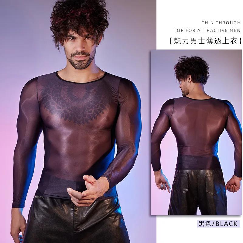 Men Oil Shiny Tops O Neck Tights See Through Fitness Muscle Top Nightclub Shirts Clubwear Gay Tempt Undershirts T-Shirts Sexy