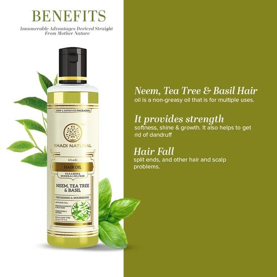 KHADI NATURAL Neem, Teatree and Basil Herbal Hair Oil, Paraben Mineral Oil Free| Unique Non-greasy Hair Formula| Boosts Hair Growth | 210ml