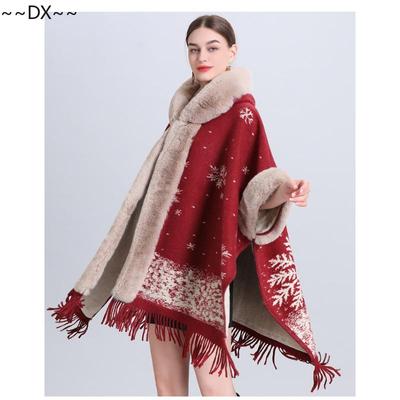 New Snowflake and Fleece Knitted Shawl Cape with Thick Fur Collar