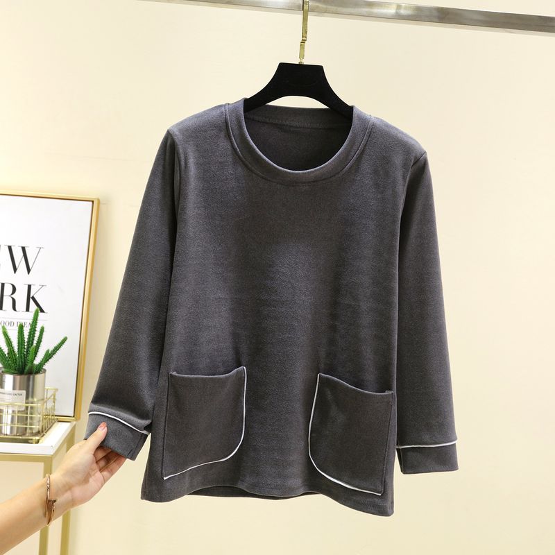 round Neck Dralon Warm Long Sleeve T-shirt Winter Thickened Casual Bottoming Shirt Double-Sided Brushed Plus Size Homewear Tops