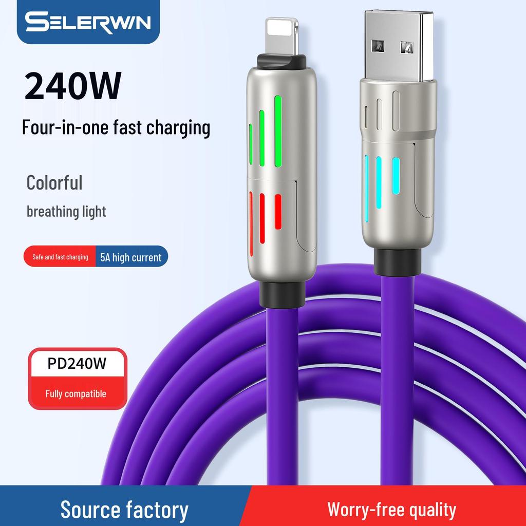 240W Fast Charging Multi-Function Type-C Cable with Colorful Breathing Light for Mobile Phones and Cars